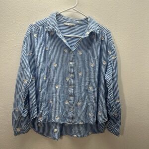 Jane Delancey Womens Button Up Top XL Striped Embroidered Floral Cottagecore